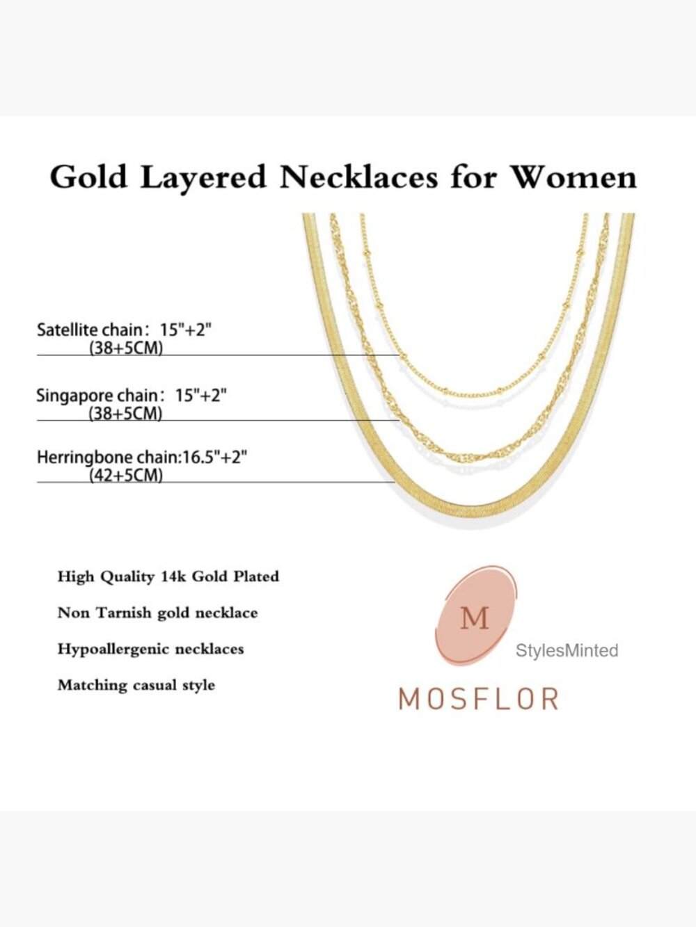 14k Gold Plated Snake Chain Choker Necklace Set 3 Layer Herringbone - Picture 4 of 7